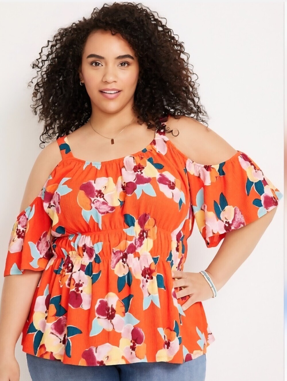 Maurices Orange Floral Cold-Shoulder Blouse Women's Plus Size 2X Top Bright EUC